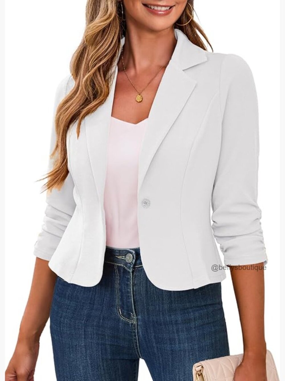 Cropped Blazer 3/4 Ruched Sleeve Lightweight Office Wear Button Closure S-XL